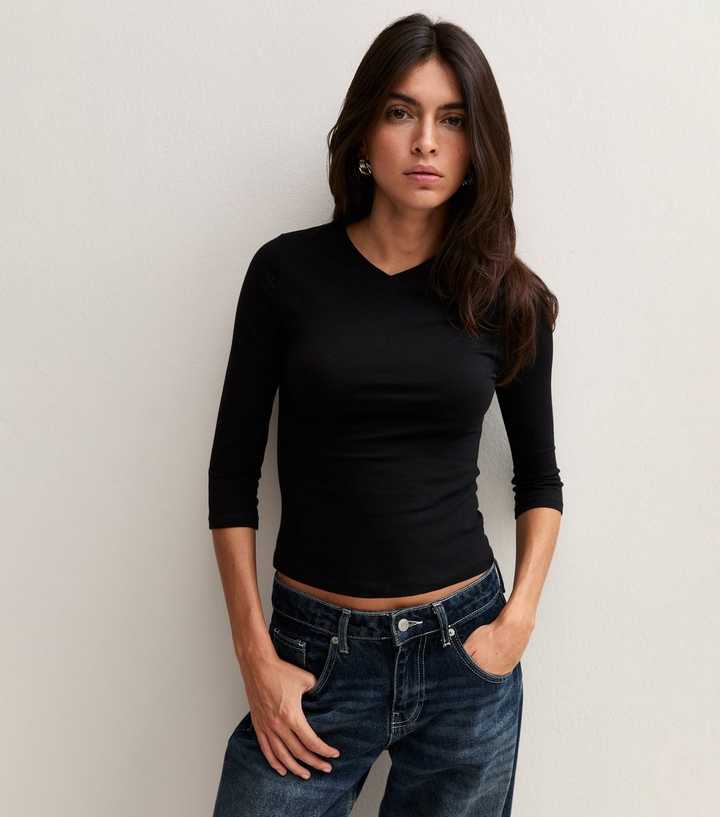 Black Cotton Rich 3/4 Length Sleeve V Neck Top
