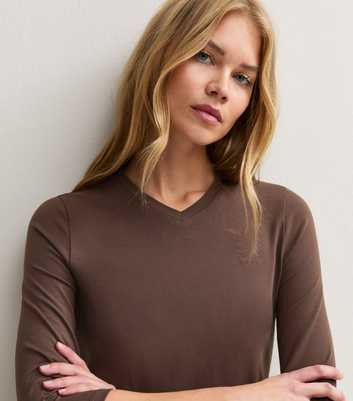 Brown Cotton Rich 3/4 Length Sleeve V Neck Top