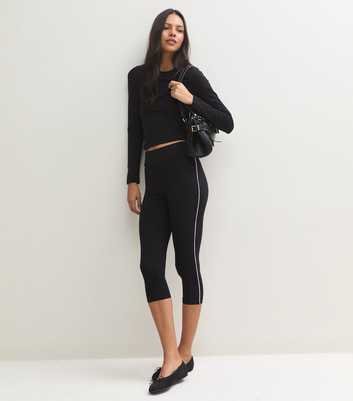 Black Cotton Rich High Waist Side Stripe Capri Leggings