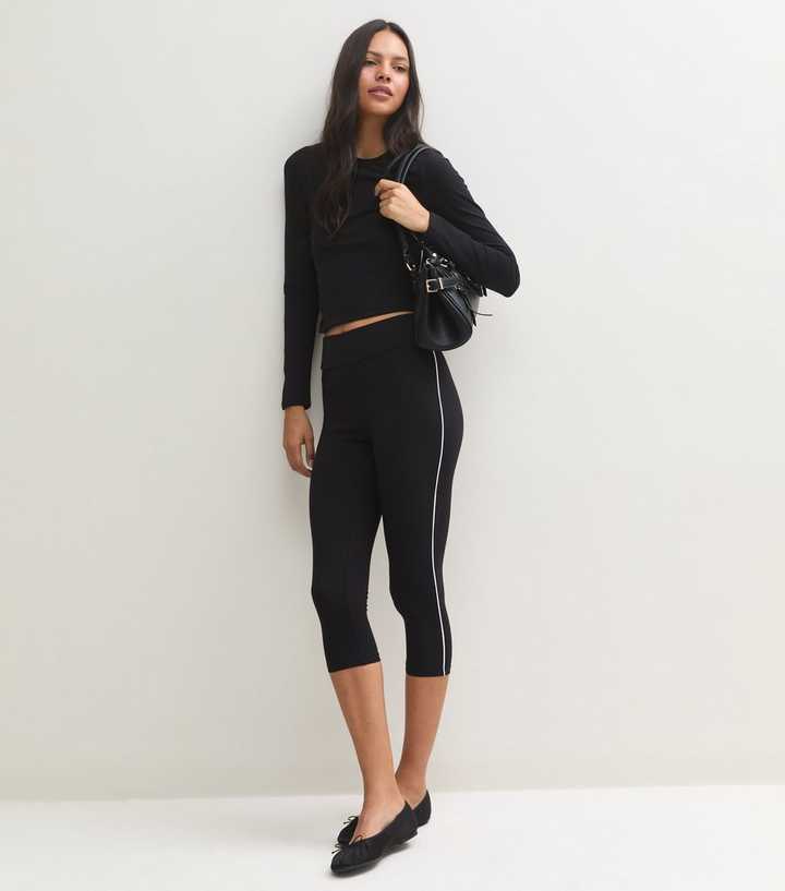 Black Cotton Rich High Waist Side Stripe Capri Leggings