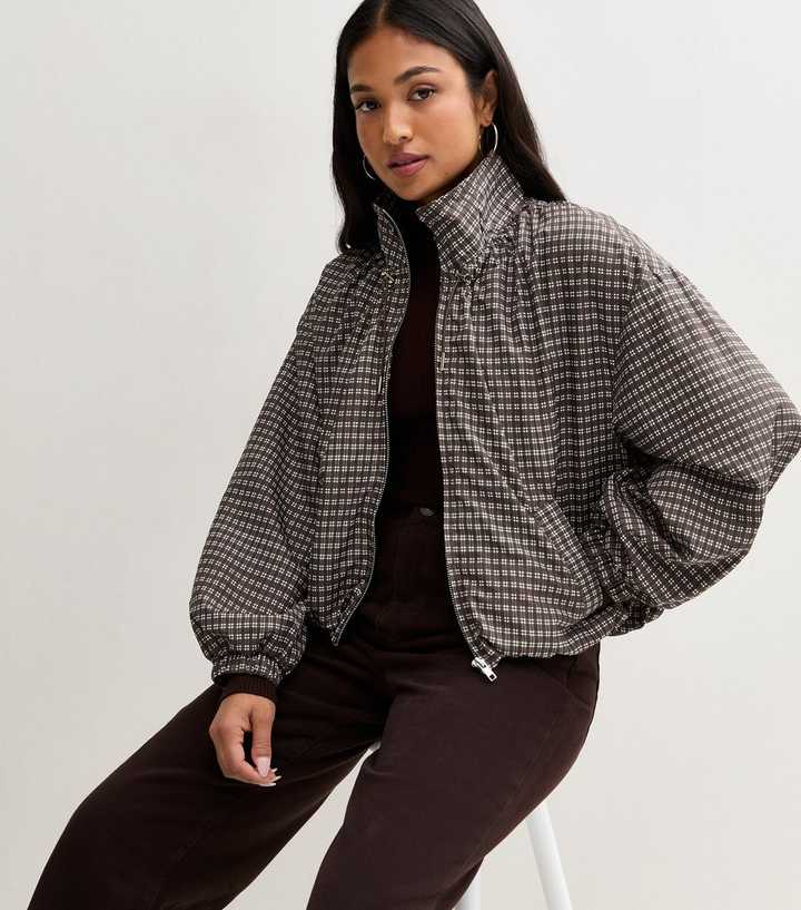 Petite Brown Check Pattern Balloon Sleeves Zip Front Jacket