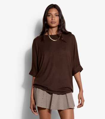 Apricot Dark Brown Turn Up Batwing Sleeve Top