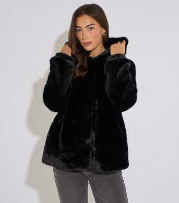 Gini London Black Faux Fur Hooded Midi Jacket
