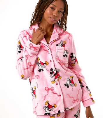 Skinnydip Light Pink Fleece Mickey Mouse Print Shirt and Trousers Pyjama Set