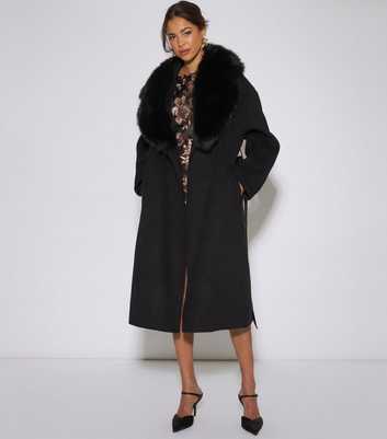 Gini London Black Faux Fur Collar Longline Coat