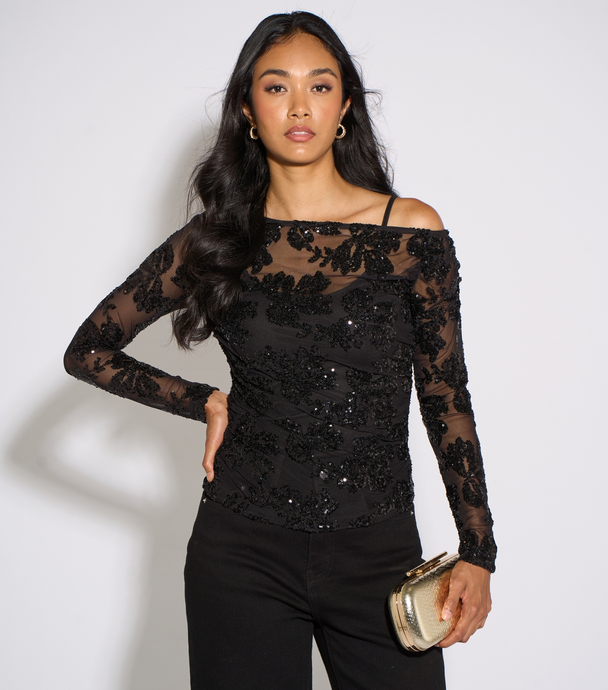 Women's Black Sequin Floral Off the Shoulder Top Gini London New Look