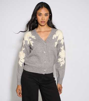 Gini London Dark Grey Floral Applique Sleeve Button Through Cardigan