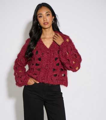 Gini London Dark Red Chunky Knit Cut Out Cardigan