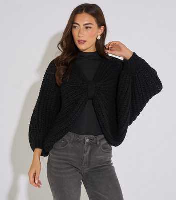 Gini London Black Chunky Knit Bow Cardigan