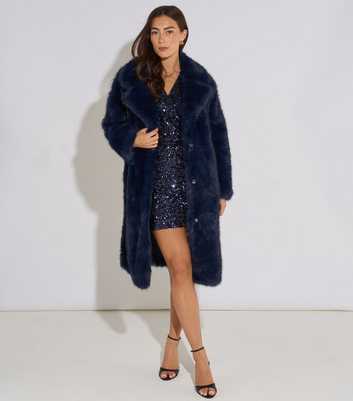 Gini London Dark Blue Faux Fur Longline Jacket