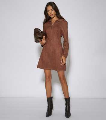 Gini London Light Brown Faux Suede Zip Mini Dress