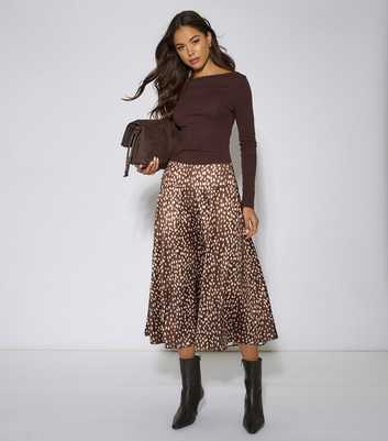 Gini London Brown Satin Animal Print Midi Skirt