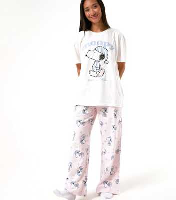 Skinnydip White Cotton Snoopy Print T-Shirt and Trousers Pyjama Set With Eye Mask