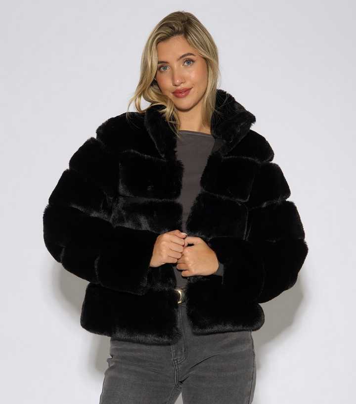 Gini London Black Faux Fur Funnel Neck Jacket