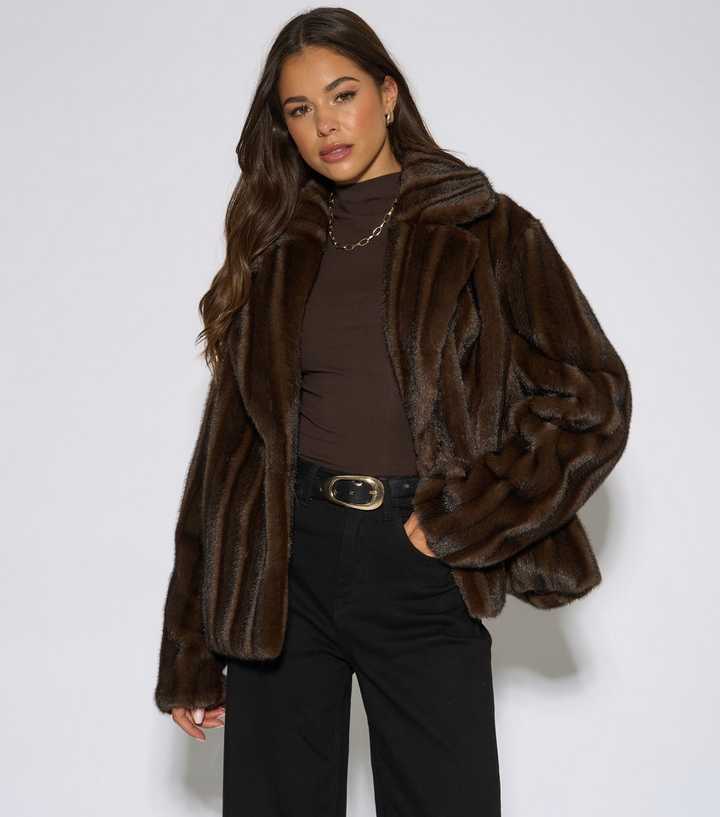 Gini London Dark Brown Striped Faux Fur Jacket