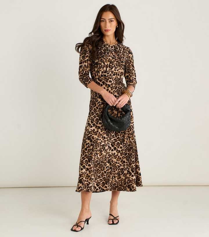 Gini London Leopard Print 3/4 Sleeve Midi Dress