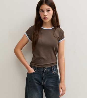 Girls Dark Brown Cotton Rich Contrast Trim Ringer T-Shirt