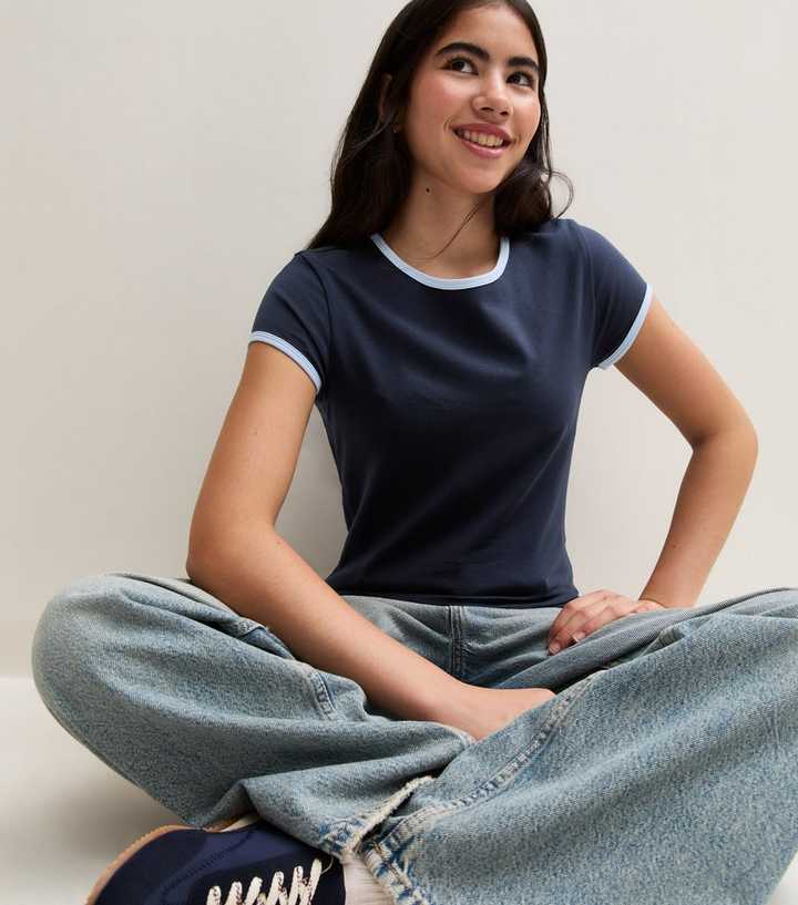 Girls Navy Cotton Rich Contrast Trim Ringer T-Shirt