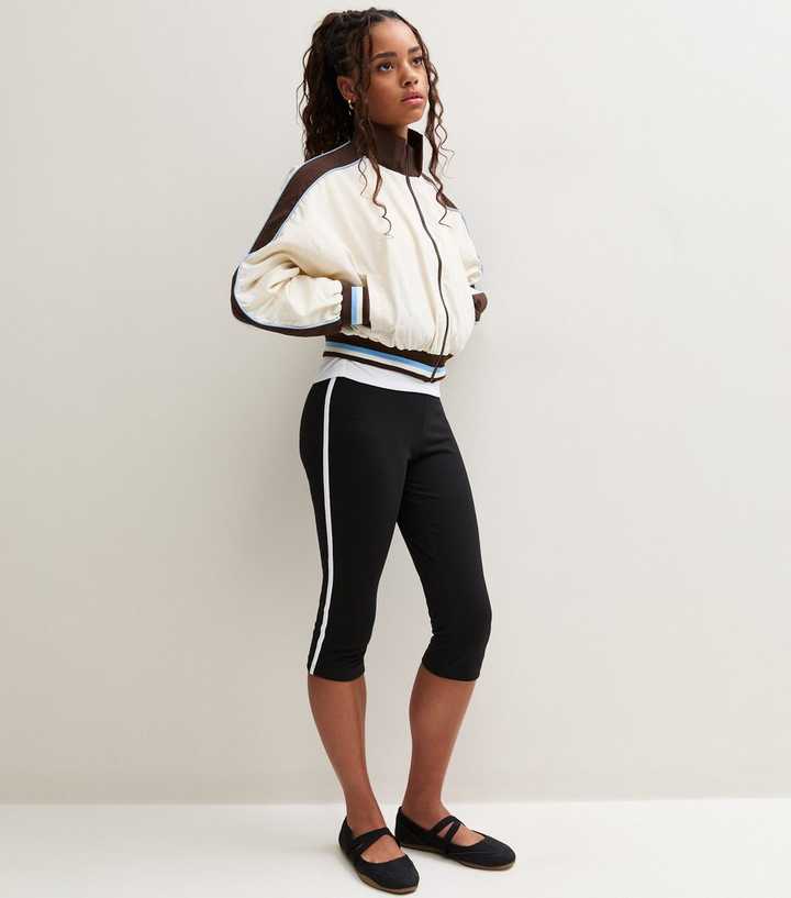 Girls Black Cotton Rich Contrast Stripe Capri Leggings