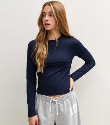 Girls Navy Slinky Crew Neck Long Sleeve T-Shirt
