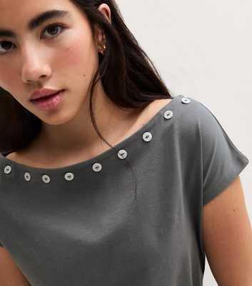 Girls Dark Grey Button Neck Ruched T-Shirt