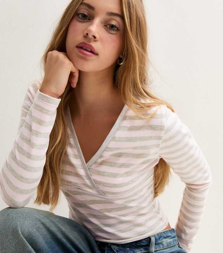 Girls Grey Stripe Cross Over Long Sleeve Top