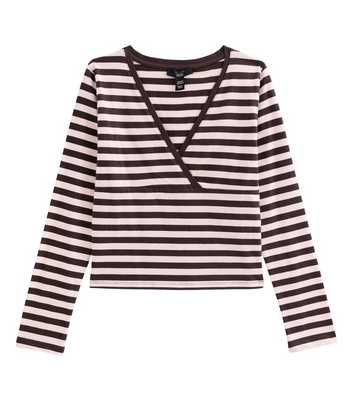 Girls Brown Stripe Cross Over Long Sleeve Top