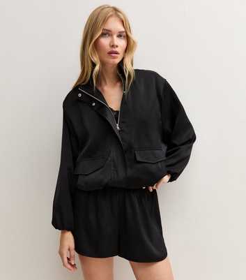 Black Satin Flap Pocket Bomber Jacket