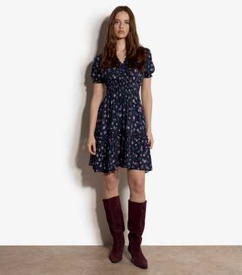 Apricot Navy Tiny Flower Print Smock Dress