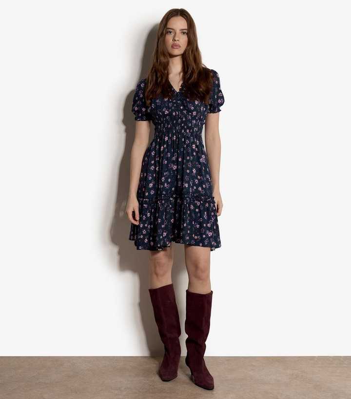 Apricot Navy Tiny Flower Print Smock Dress