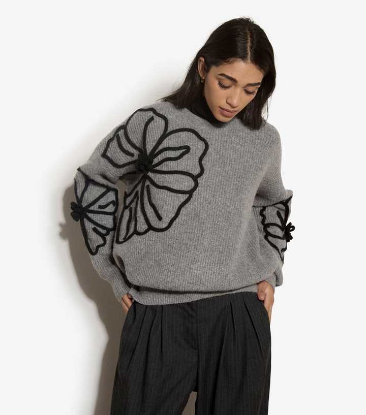 Apricot Dark Grey 3D Flower Jumper