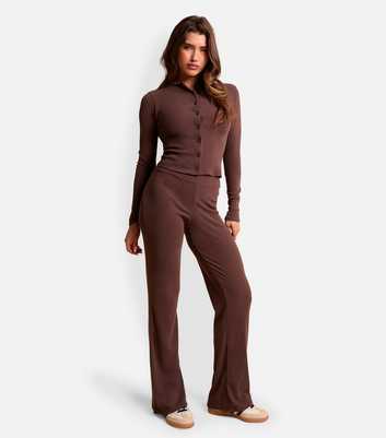 Public Desire Dark Brown Ribbed Button Long Sleeve Top