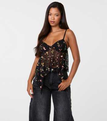 Pink Vanilla Black Mesh Sequin Babydoll Top