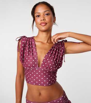 Pink Vanilla Dark Burgundy Polka Dot Ruched Shoulder Crop Top