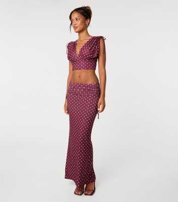 Pink Vanilla Dark Burgundy Polka Dot Ruched Maxi Skirt