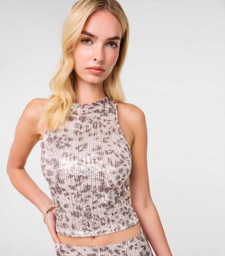 Pink Vanilla Off White Animal Print Sequin Tank Top