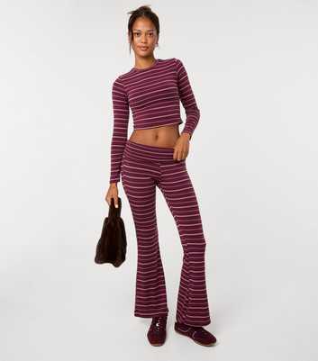 Pink Vanilla Dark Purple Stripes Foldover Waistband Flared Trousers