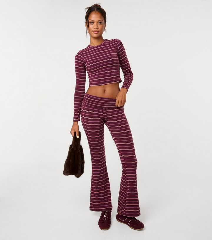 Pink Vanilla Dark Purple Stripes Foldover Waistband Flared Trousers