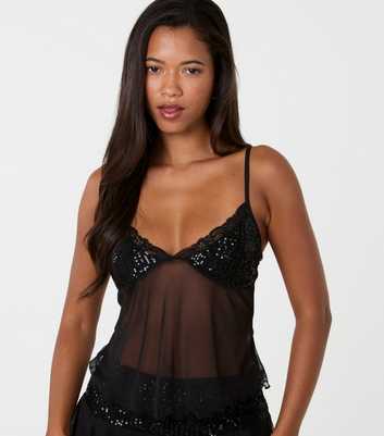 Pink Vanilla Black Sequin Trim Mesh Top