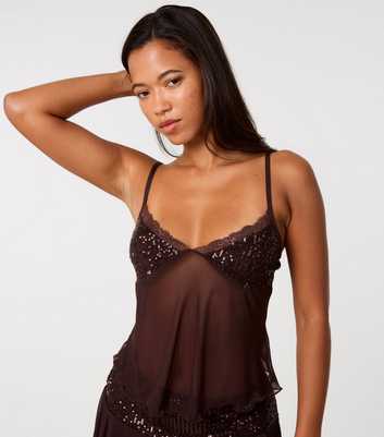 Pink Vanilla Dark Brown Sequin Trim Mesh Top