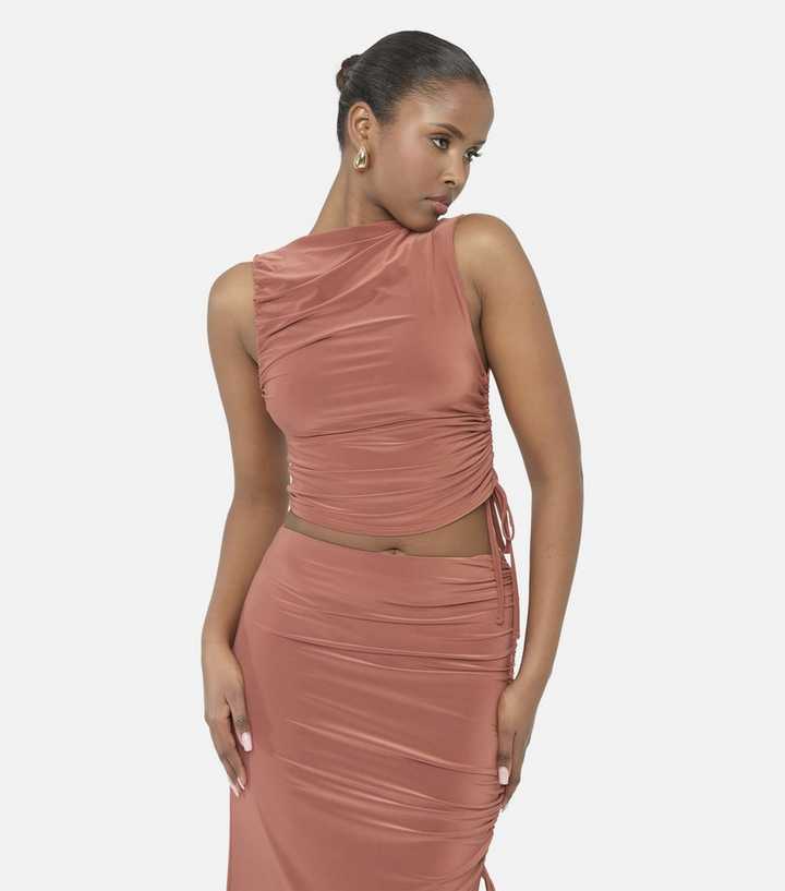 Public Desire Rust Slinky Ruched Crop Top