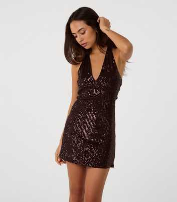 Pink Vanilla Dark Brown Sequin Halter Mini Dress