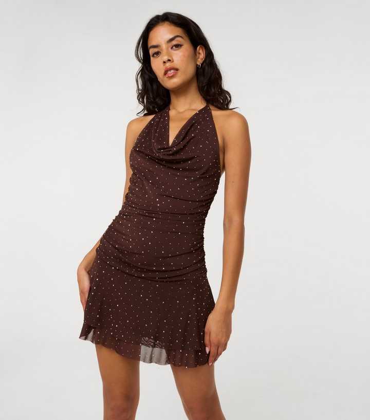 Pink Vanilla Dark Brown Mesh Jersey Diamante Halter Mini Dress