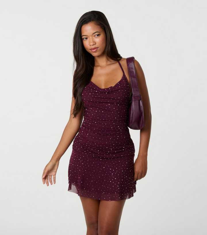 Pink Vanilla Dark Purple Mesh Jersey Diamante Halter Mini Dress