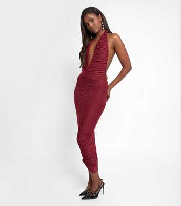 Public Desire Dark Burgundy Ruched Plunge Neck Maxi Dress