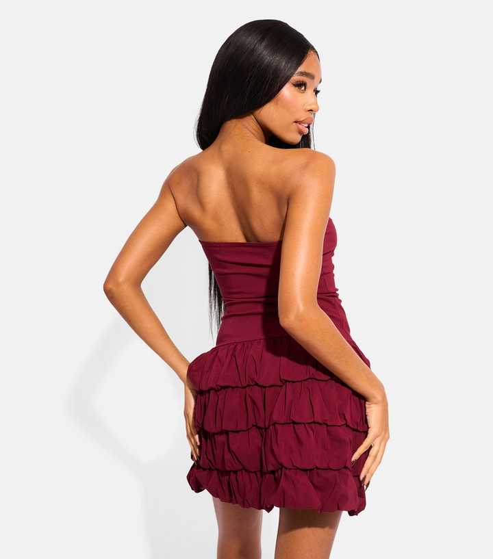Public Desire Dark Burgundy Bandeau Ruffle Skirt Mini Dress