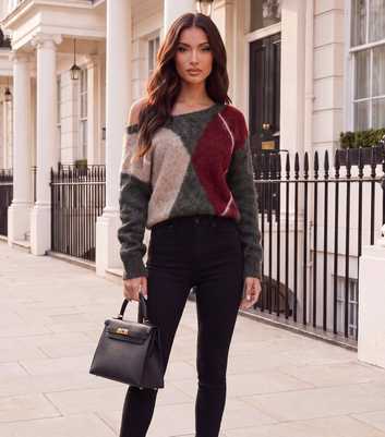 AX Paris Grey Argyle Pattern Brushed Knit Jumper