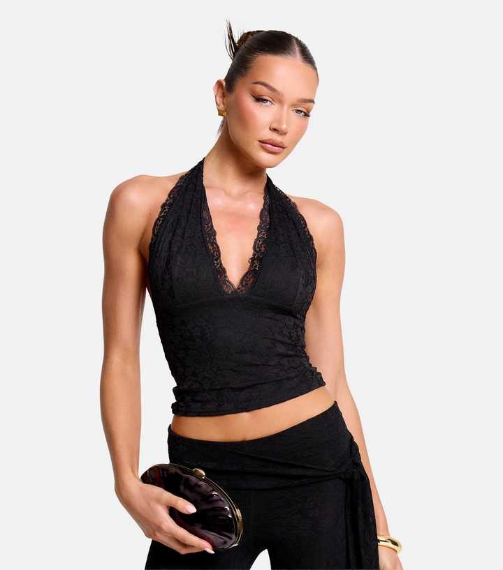 Public Desire Black Lace Halter Neck Crop Top