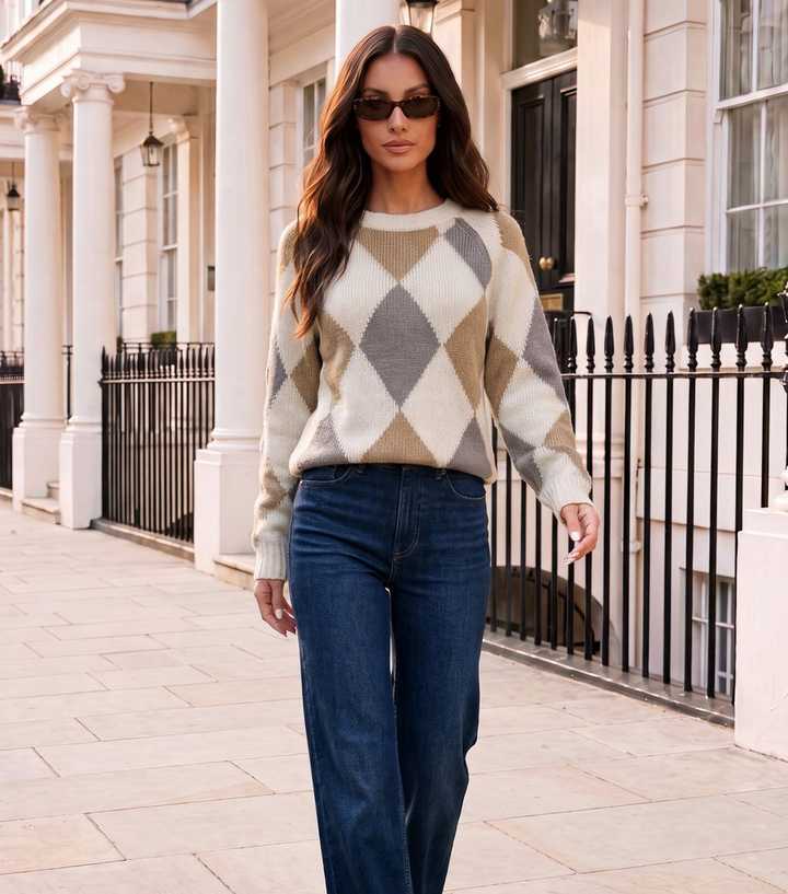 AX Paris Multicolour Argyle Knit Crew Neck Jumper