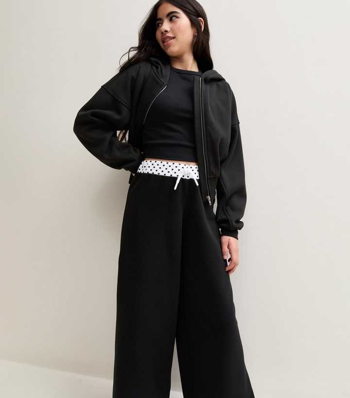 Girls Black Polka Dot Waistband Wide Leg Joggers